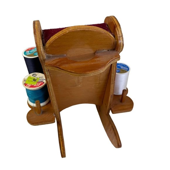 Vintage ROCKING CHAIR Pin Cushion Handmade Spool Holder Caddy 9"H x 8.5"D x 7"W - Picture 5 of 7